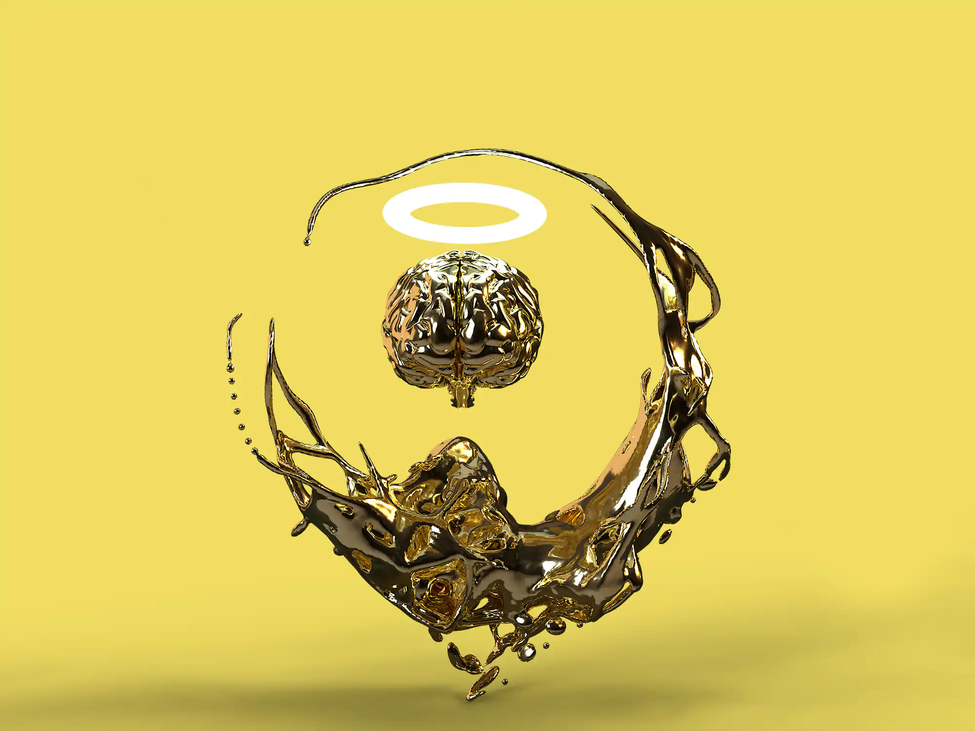 This golden sculpture shows a brain with a halo inside an abstract swirl of liquid 