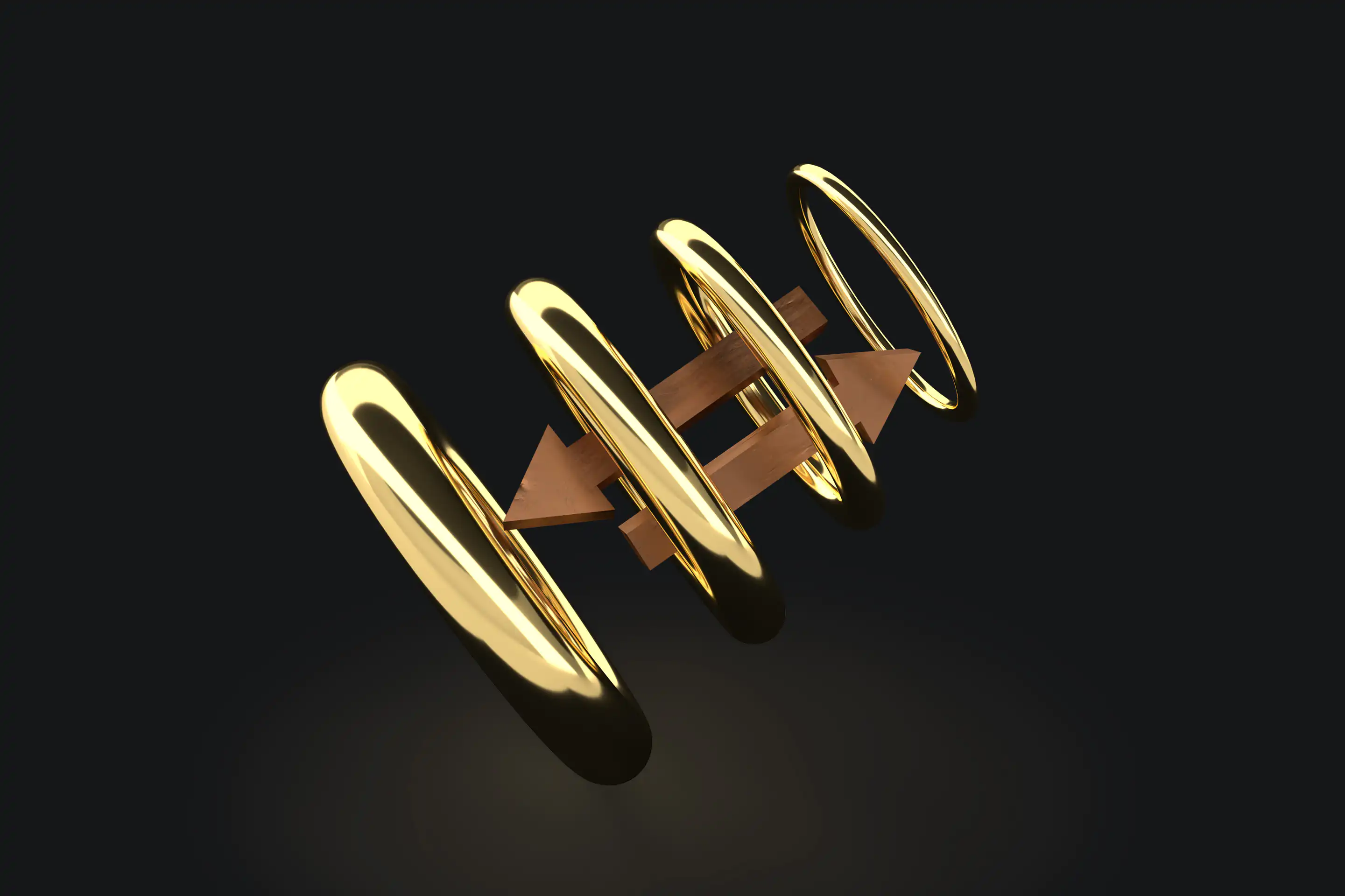 In this golden digital sculpture arrows pass each other inside rings as a sign of transferring data between client and server 