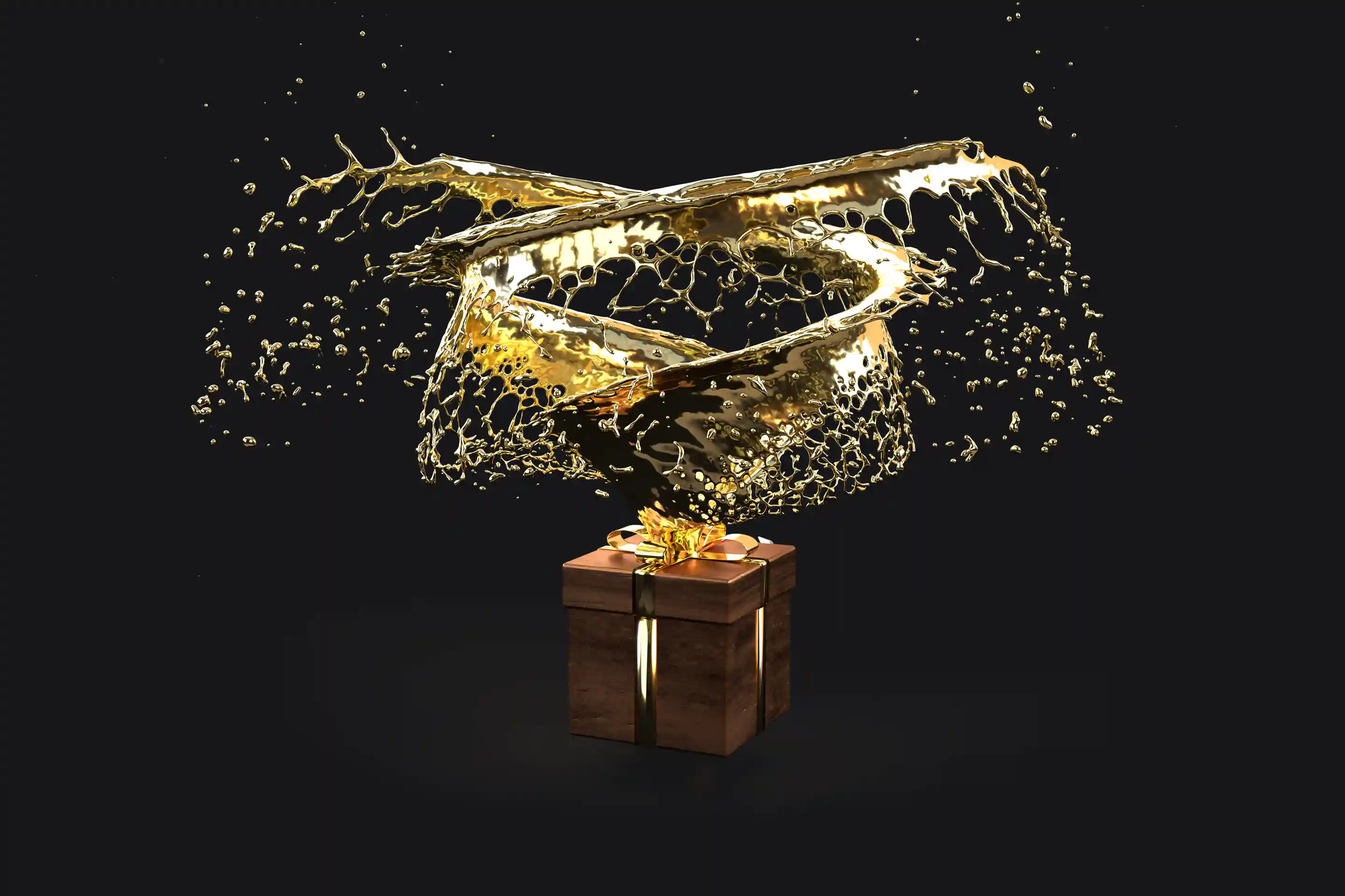 Diese digitale Skulptur zeigt einen goldenen Strudel, der aus einem bronzenen Geschenk kommt.