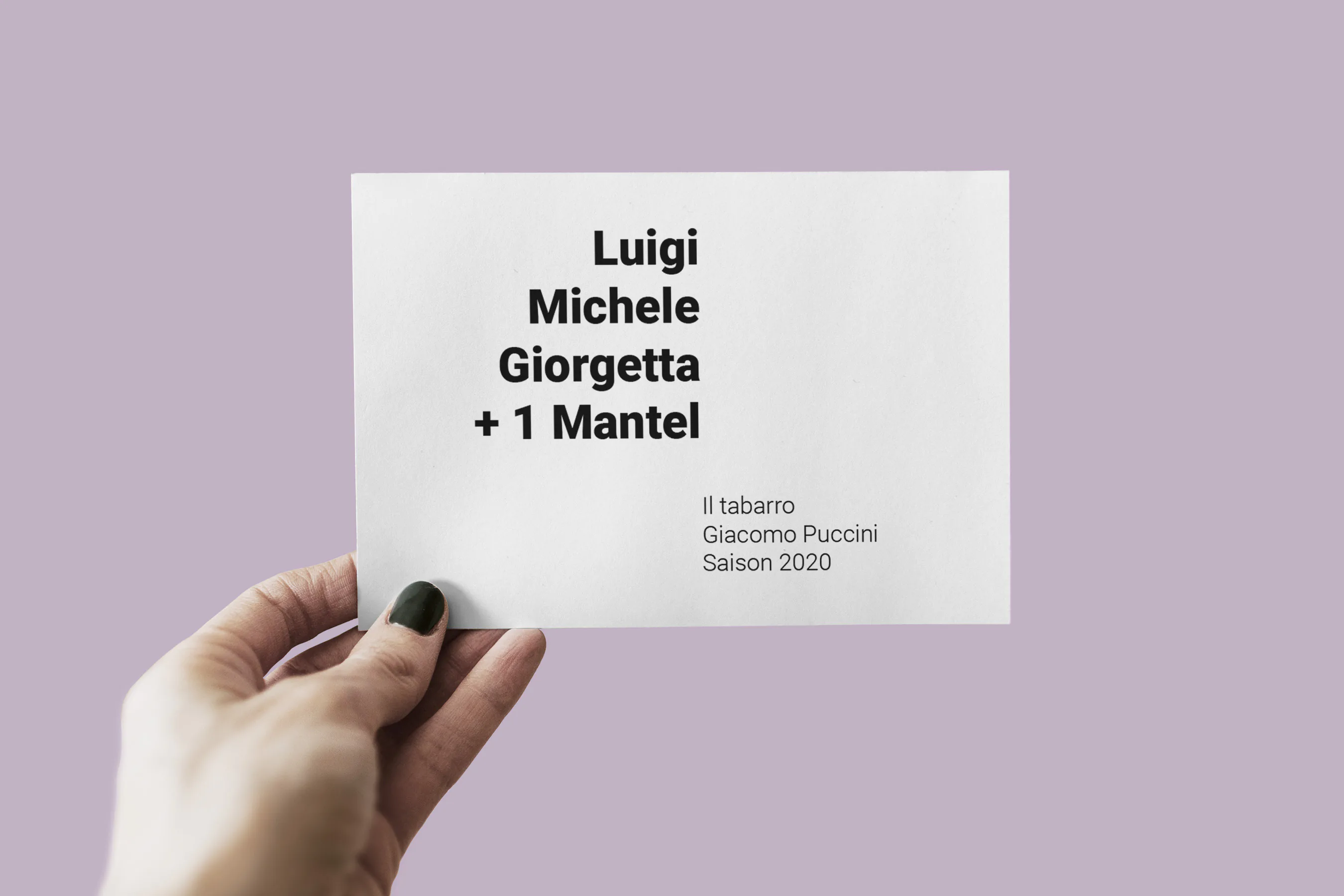 Another Postcard for an opera production of Giacomo Puccini’s Il Tabarro by Junge Mitteldeutsche Kammeroper e.V. (jmko) that says Luigi, Michele, Giorgetta + 1 Mantel (one Coat) in order to hint at the operas subjects